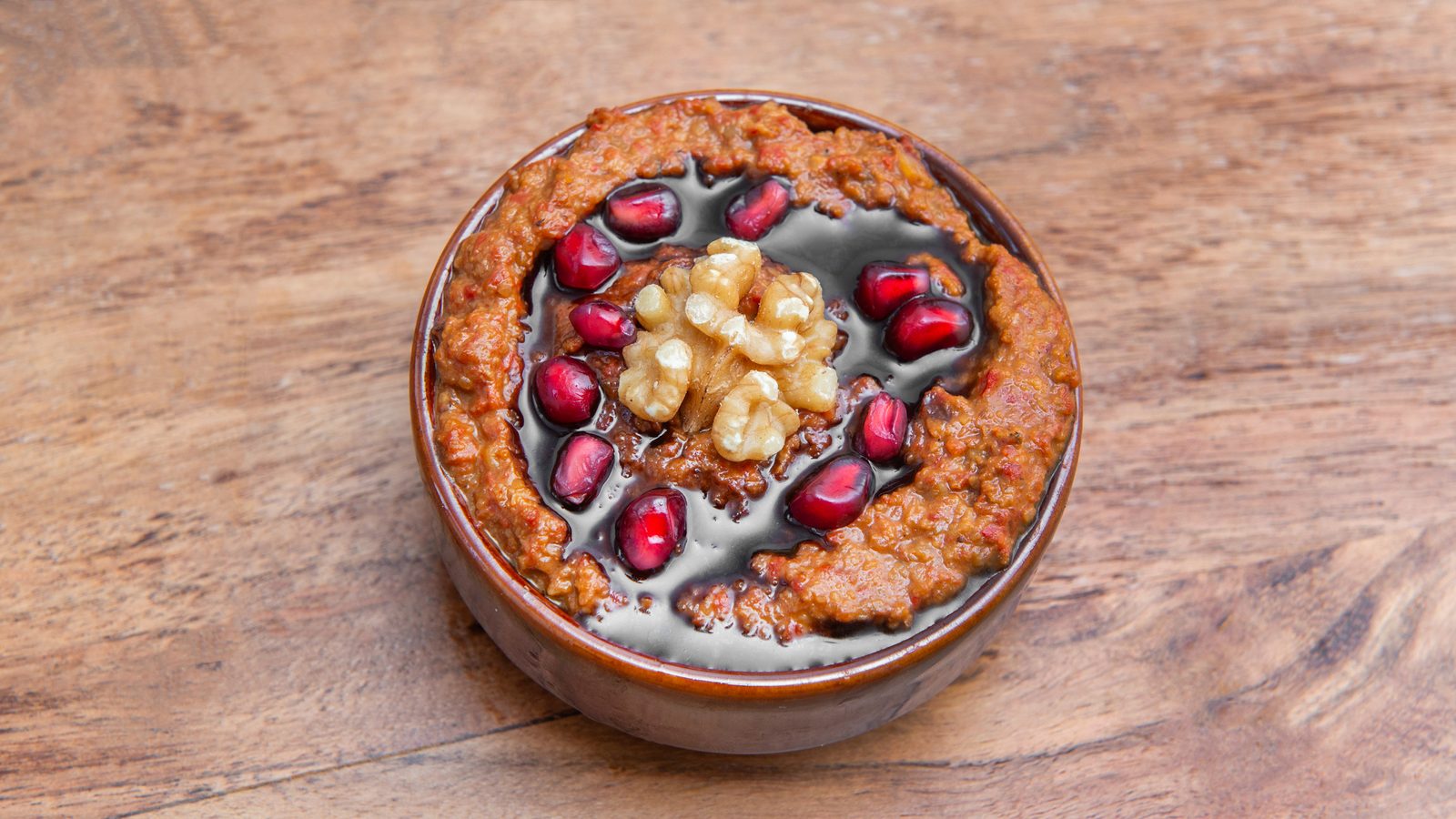 Muhammara in a ceramic pot